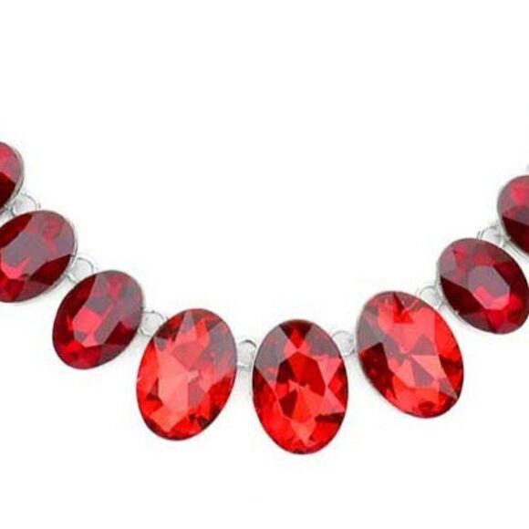 Oval Red Crystal Link Evening Silver Necklace Set - Picture 3 of 6